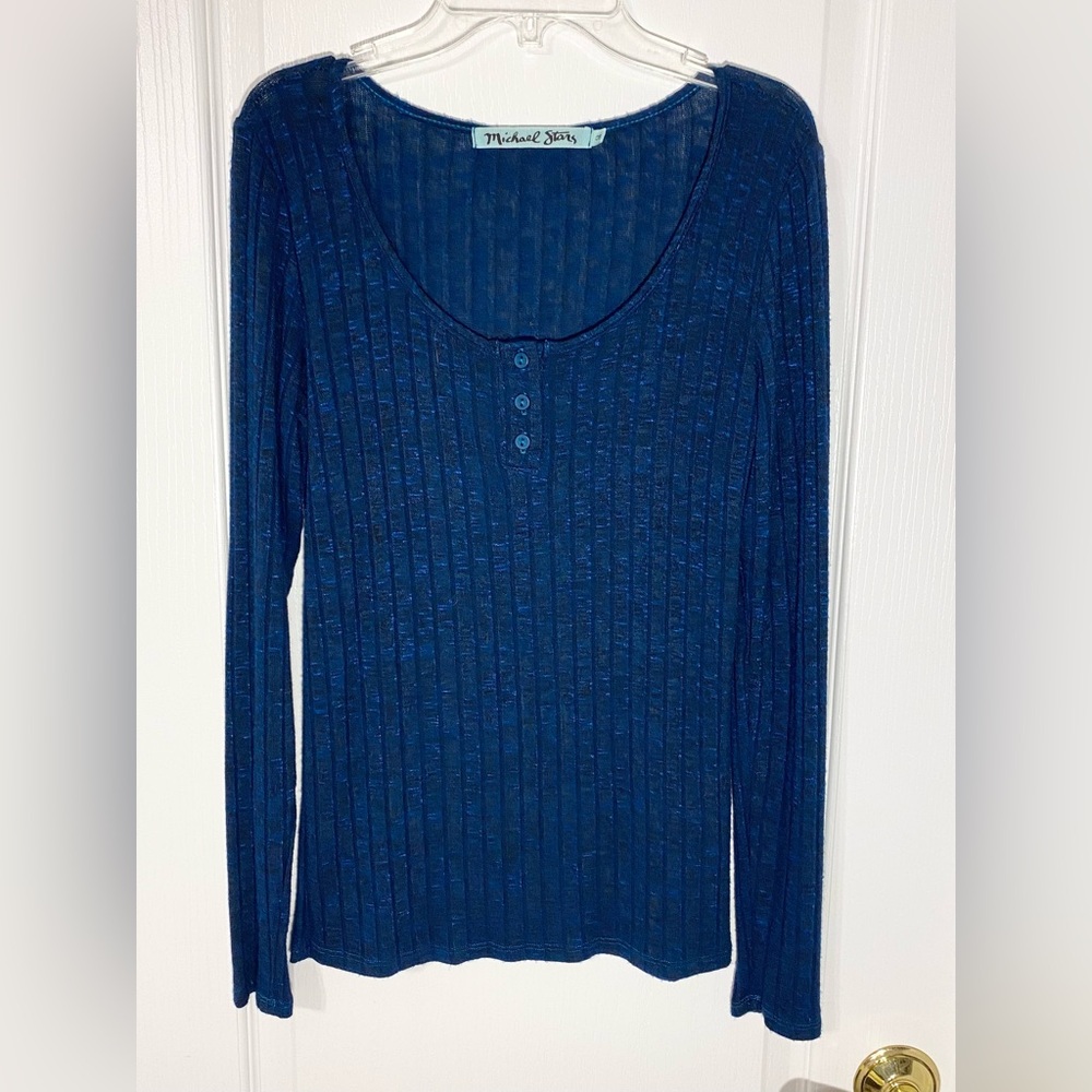 NEW Y2K Michael Stars Soft Ribbed Knit Scoop Neck Henley Tee Blue Black One Size